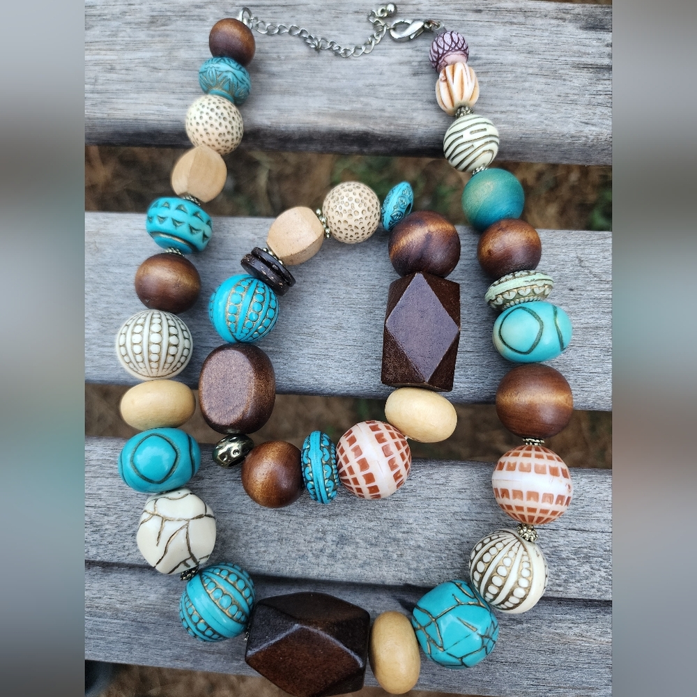 Handcrafted Wooden and Turquoise Beaded Necklace & Matching Bracelet